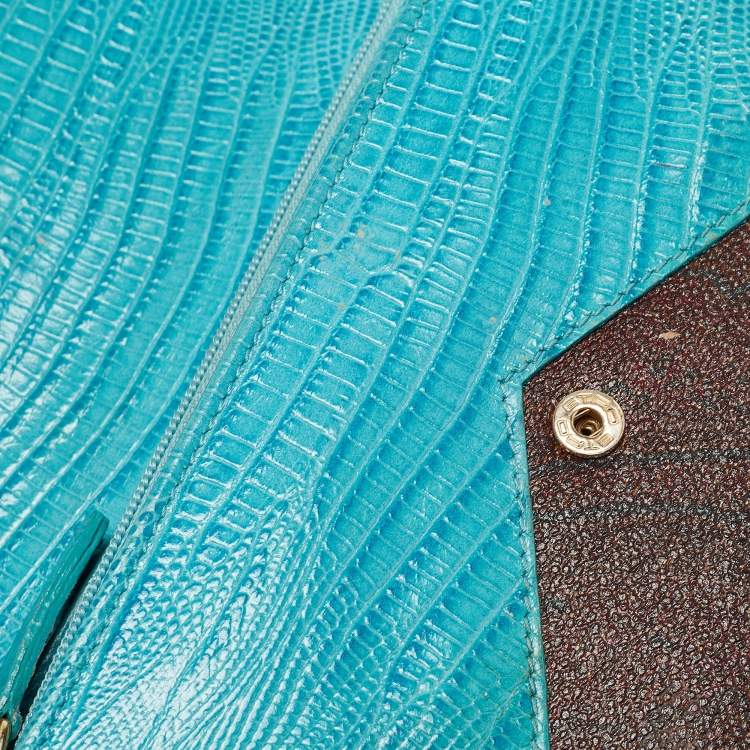 Pre Owned Etro Brown/Blue Paisley Coated Canvas and Lizard Embossed Leather Trifold Continental Wallet