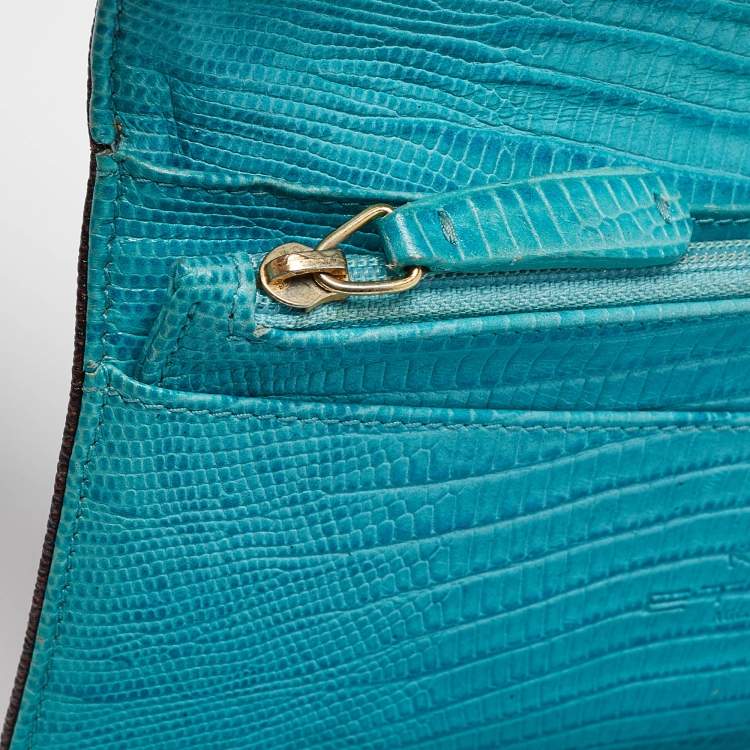 Pre Owned Etro Brown/Blue Paisley Coated Canvas and Lizard Embossed Leather Trifold Continental Wallet