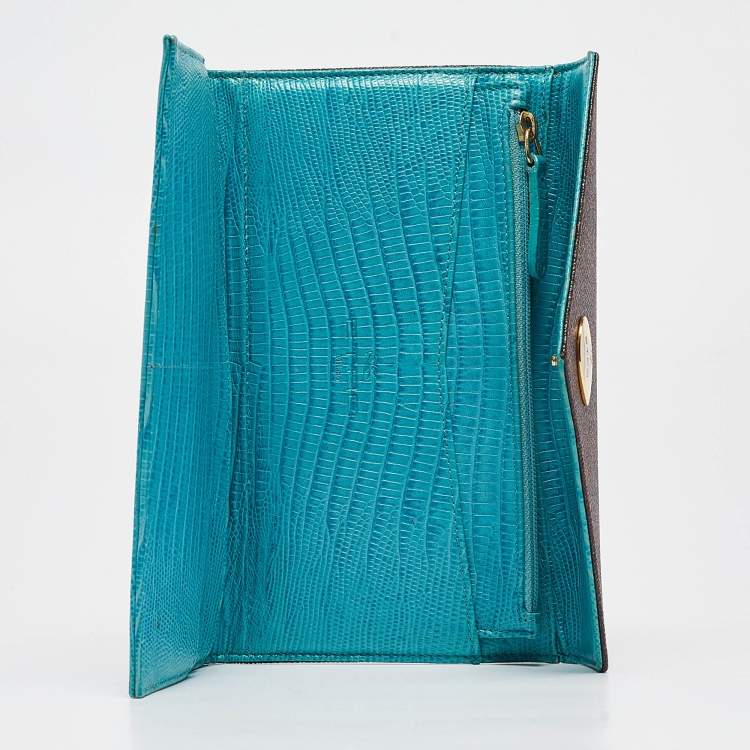 Pre Owned Etro Brown/Blue Paisley Coated Canvas and Lizard Embossed Leather Trifold Continental Wallet