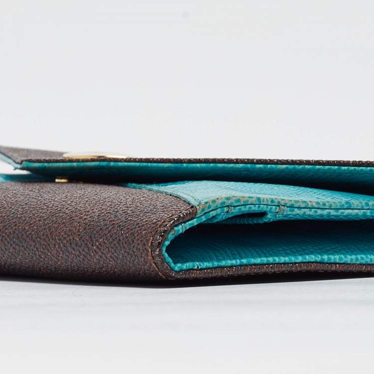 Pre Owned Etro Brown/Blue Paisley Coated Canvas and Lizard Embossed Leather Trifold Continental Wallet