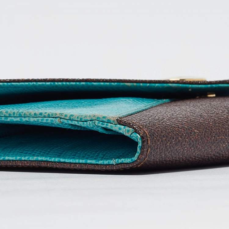 Pre Owned Etro Brown/Blue Paisley Coated Canvas and Lizard Embossed Leather Trifold Continental Wallet