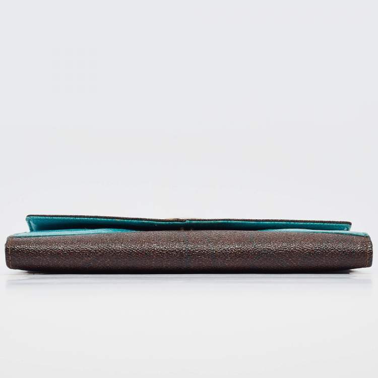 Pre Owned Etro Brown/Blue Paisley Coated Canvas and Lizard Embossed Leather Trifold Continental Wallet