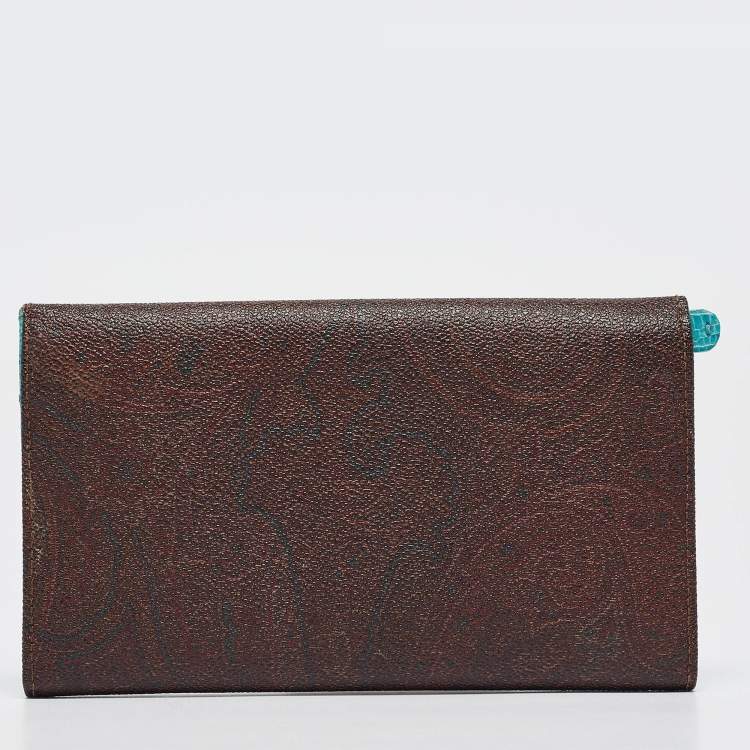 Pre Owned Etro Brown/Blue Paisley Coated Canvas and Lizard Embossed Leather Trifold Continental Wallet
