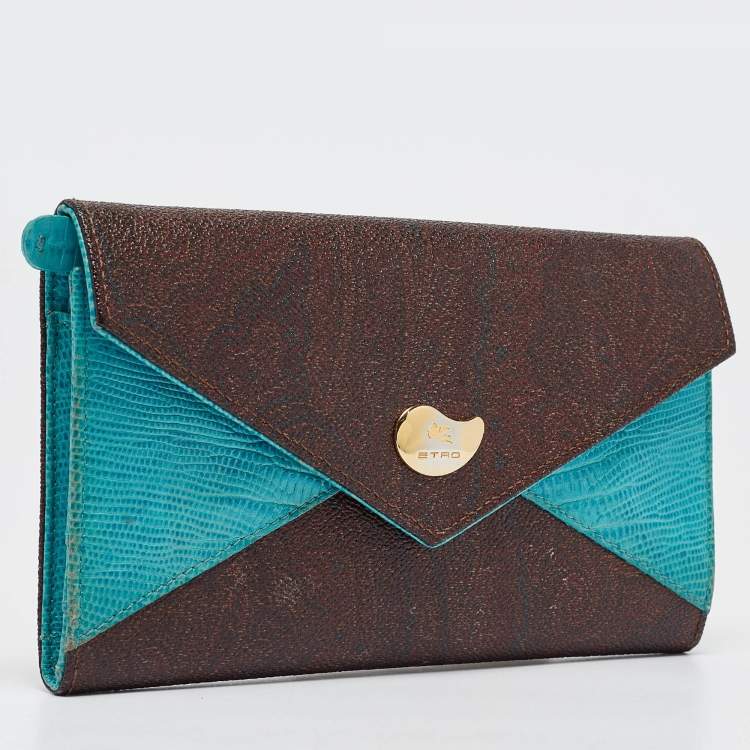 Pre Owned Etro Brown/Blue Paisley Coated Canvas and Lizard Embossed Leather Trifold Continental Wallet