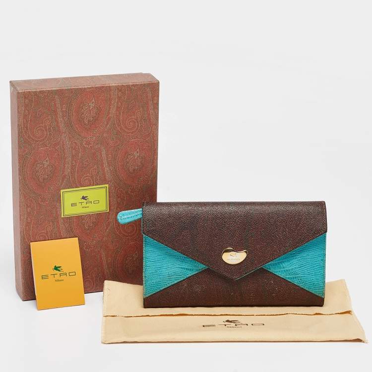 Pre Owned Etro Brown/Blue Paisley Coated Canvas and Lizard Embossed Leather Trifold Continental Wallet