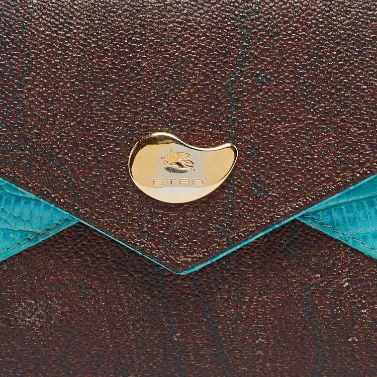 Pre Owned Etro Brown/Blue Paisley Coated Canvas and Lizard Embossed Leather Trifold Continental Wallet
