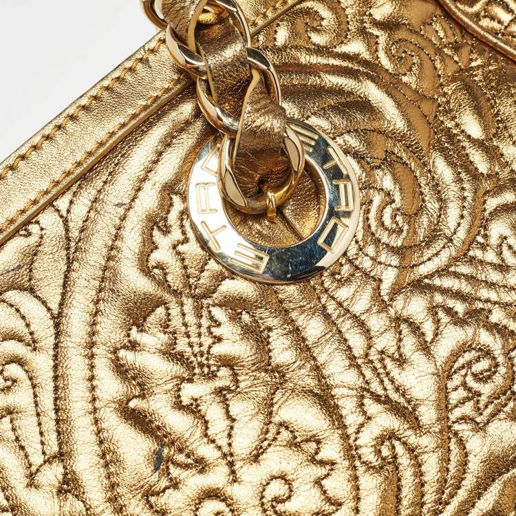 Pre Owned Etro Gold Paisley Embossed Leather Chain Tote