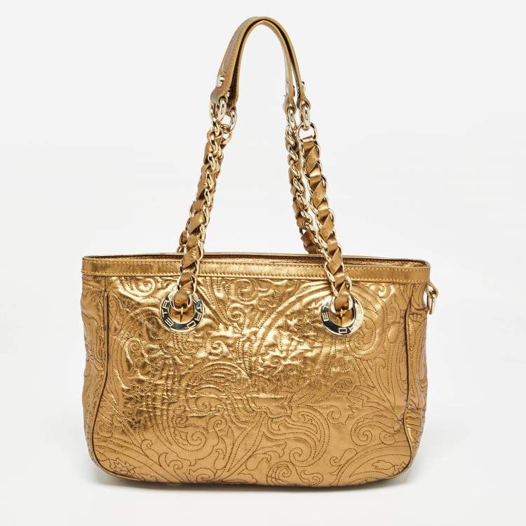 Pre Owned Etro Gold Paisley Embossed Leather Chain Tote