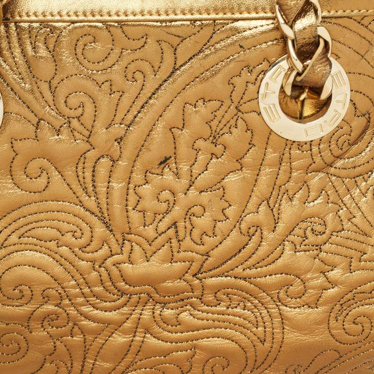 Pre Owned Etro Gold Paisley Embossed Leather Chain Tote