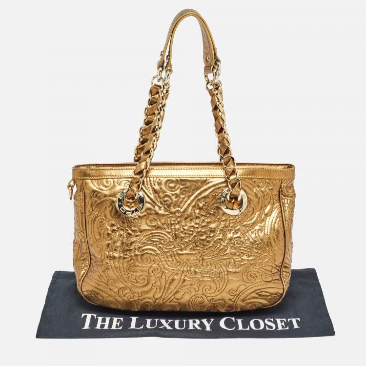 Pre Owned Etro Gold Paisley Embossed Leather Chain Tote