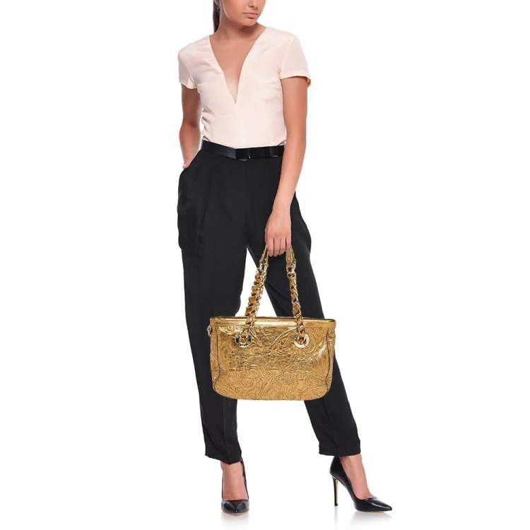 Pre Owned Etro Gold Paisley Embossed Leather Chain Tote