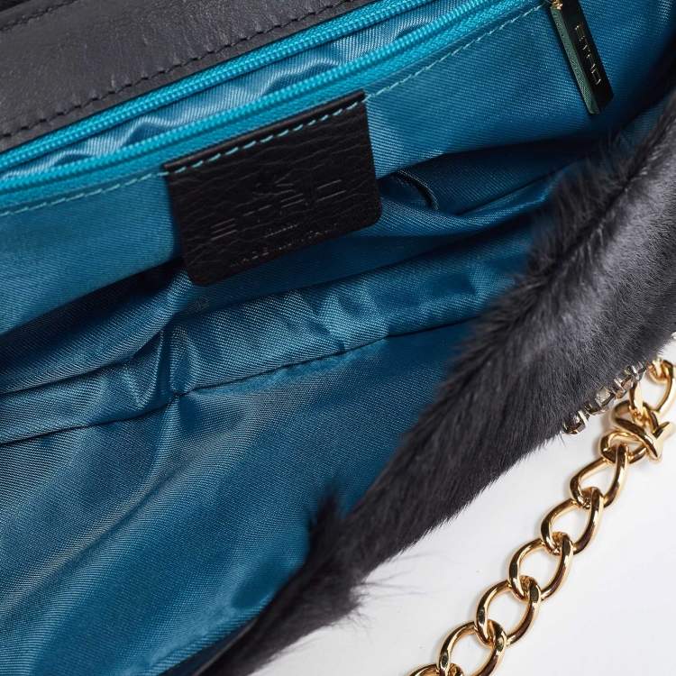 Pre Owned Etro Black Calfhair Crystal Embellished Turnlock Clutch