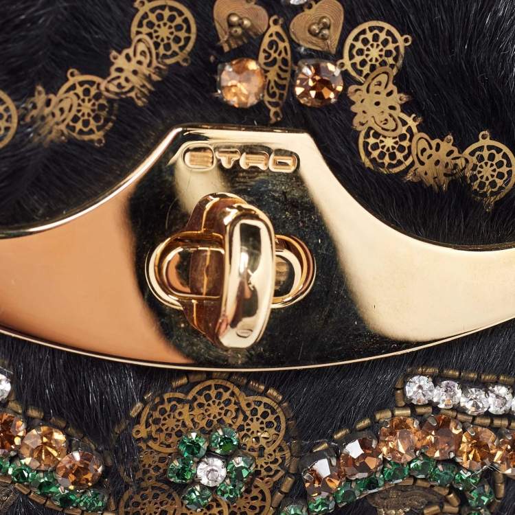 Pre Owned Etro Black Calfhair Crystal Embellished Turnlock Clutch