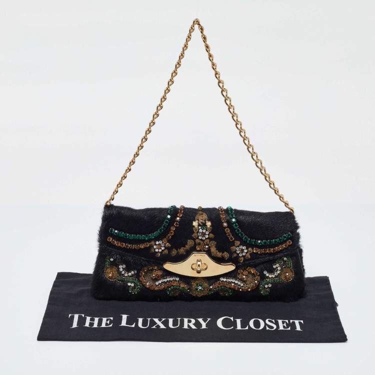 Pre Owned Etro Black Calfhair Crystal Embellished Turnlock Clutch