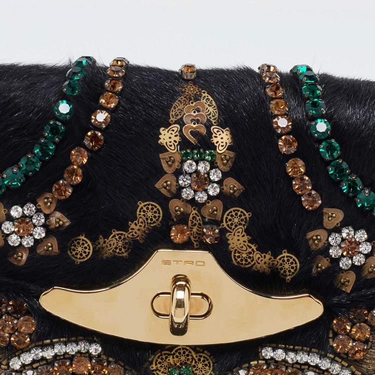 Pre Owned Etro Black Calfhair Crystal Embellished Turnlock Clutch