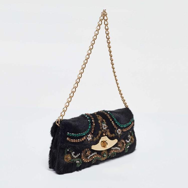 Pre Owned Etro Black Calfhair Crystal Embellished Turnlock Clutch