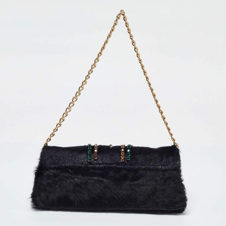 Pre Owned Etro Black Calfhair Crystal Embellished Turnlock Clutch