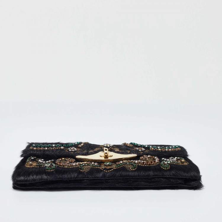 Pre Owned Etro Black Calfhair Crystal Embellished Turnlock Clutch
