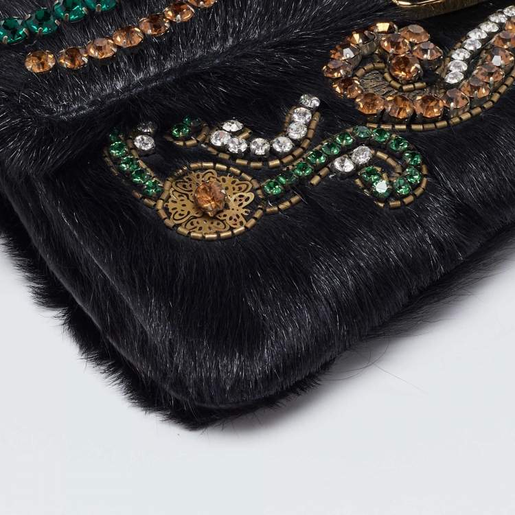 Pre Owned Etro Black Calfhair Crystal Embellished Turnlock Clutch