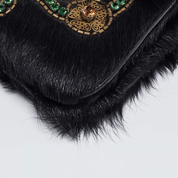 Pre Owned Etro Black Calfhair Crystal Embellished Turnlock Clutch