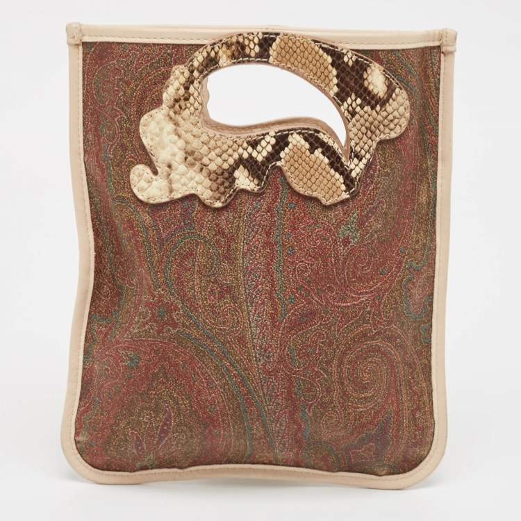 Pre Owned Etro Brown Paisley Print Coated Canvas, Python Embossed and Leather Slim Crossbody Bag