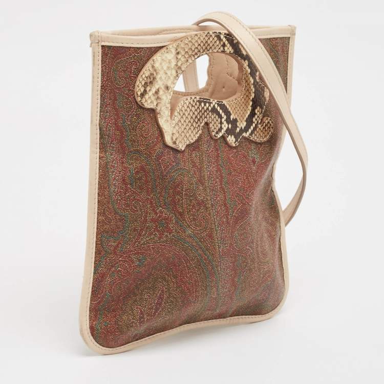 Pre Owned Etro Brown Paisley Print Coated Canvas, Python Embossed and Leather Slim Crossbody Bag