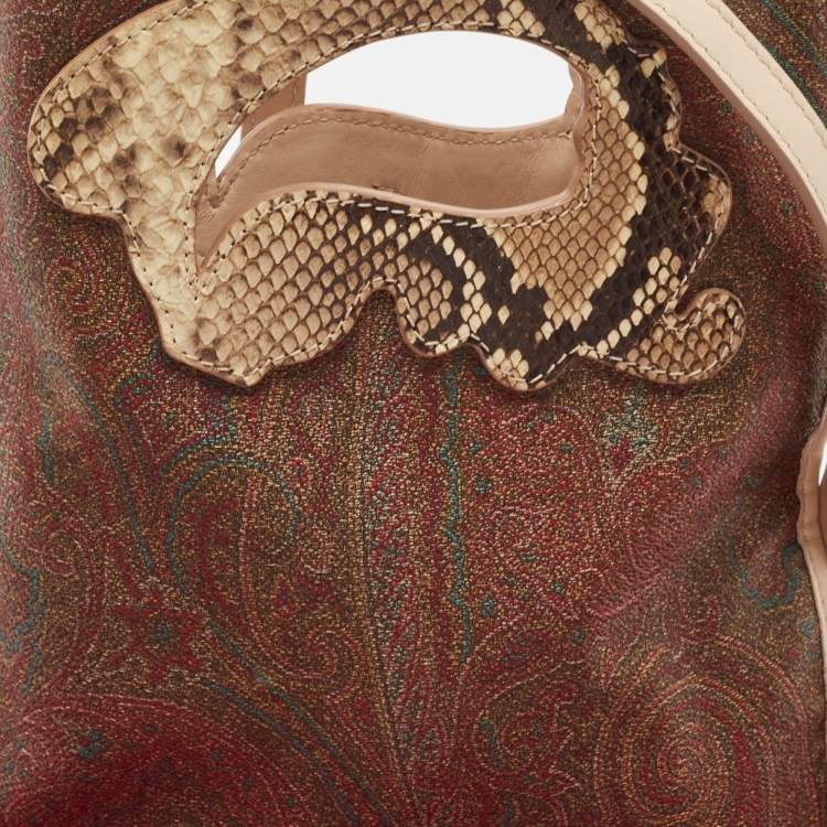 Pre Owned Etro Brown Paisley Print Coated Canvas, Python Embossed and Leather Slim Crossbody Bag