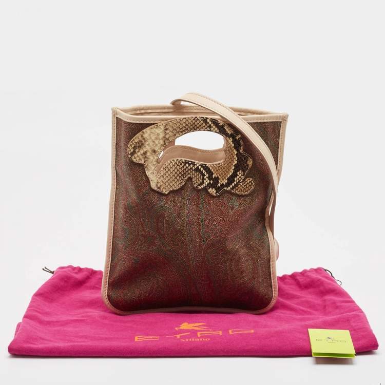 Pre Owned Etro Brown Paisley Print Coated Canvas, Python Embossed and Leather Slim Crossbody Bag