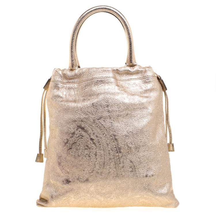 Pre Owned Etro Metallic Gold Paisley Embossed Leather Tote