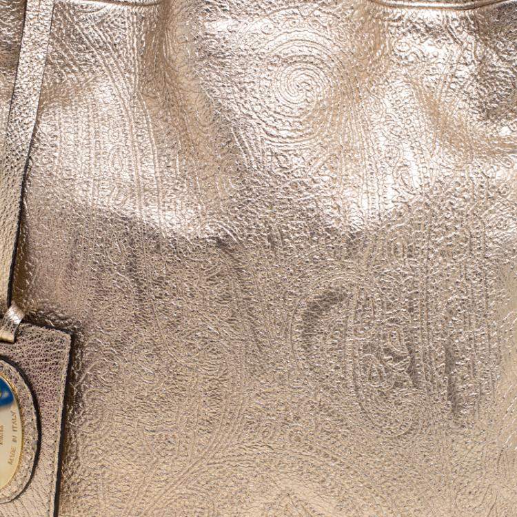 Pre Owned Etro Metallic Gold Paisley Embossed Leather Tote