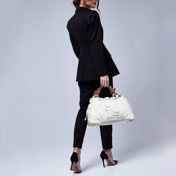 Pre Owned Etro White/Brown Leather Ruffle Zip Satchel
