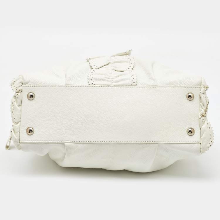 Pre Owned Etro White/Brown Leather Ruffle Zip Satchel