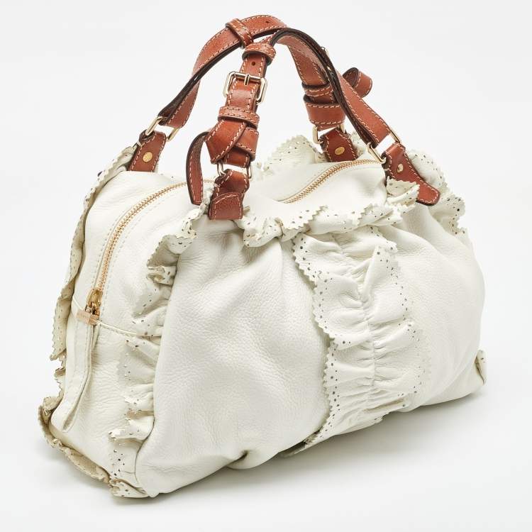 Pre Owned Etro White/Brown Leather Ruffle Zip Satchel