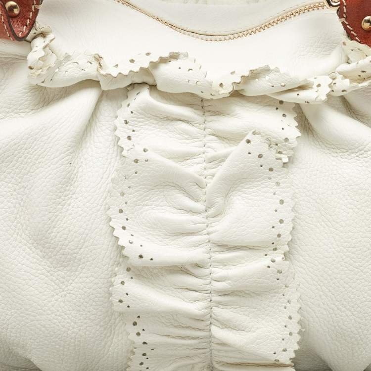 Pre Owned Etro White/Brown Leather Ruffle Zip Satchel