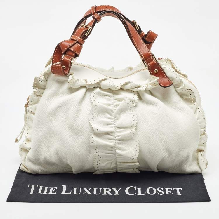 Pre Owned Etro White/Brown Leather Ruffle Zip Satchel
