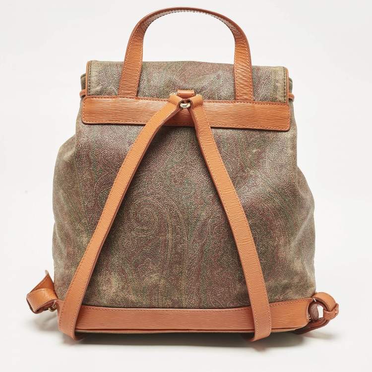 Pre Owned Etro Orange Paisley Print Coated Canvas and Leather Drawstring Backpack