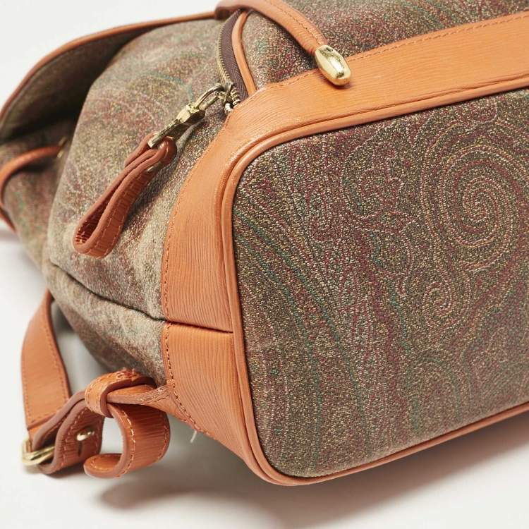 Pre Owned Etro Orange Paisley Print Coated Canvas and Leather Drawstring Backpack