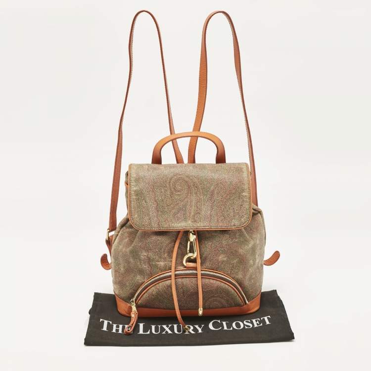 Pre Owned Etro Orange Paisley Print Coated Canvas and Leather Drawstring Backpack