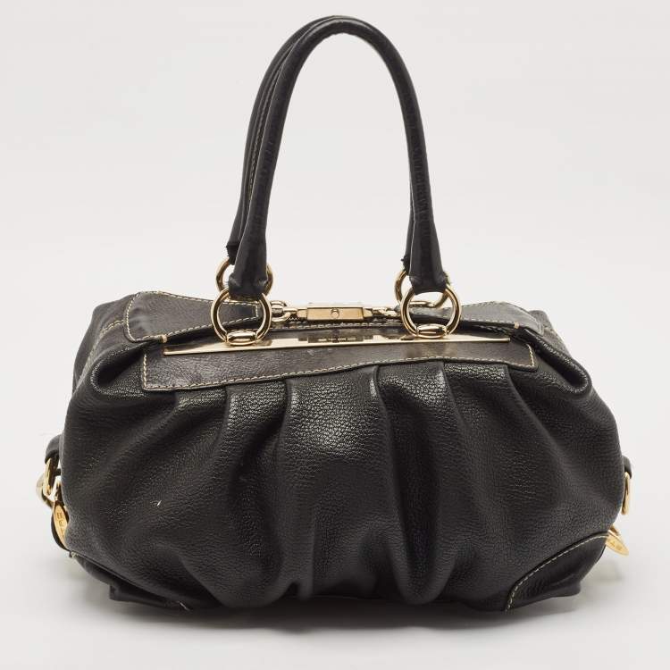 Pre Owned Etro Black Leather Pleated Shoulder Bag