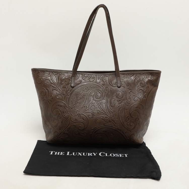 Pre Owned Etro Brown Paisley Embossed Leather Tote