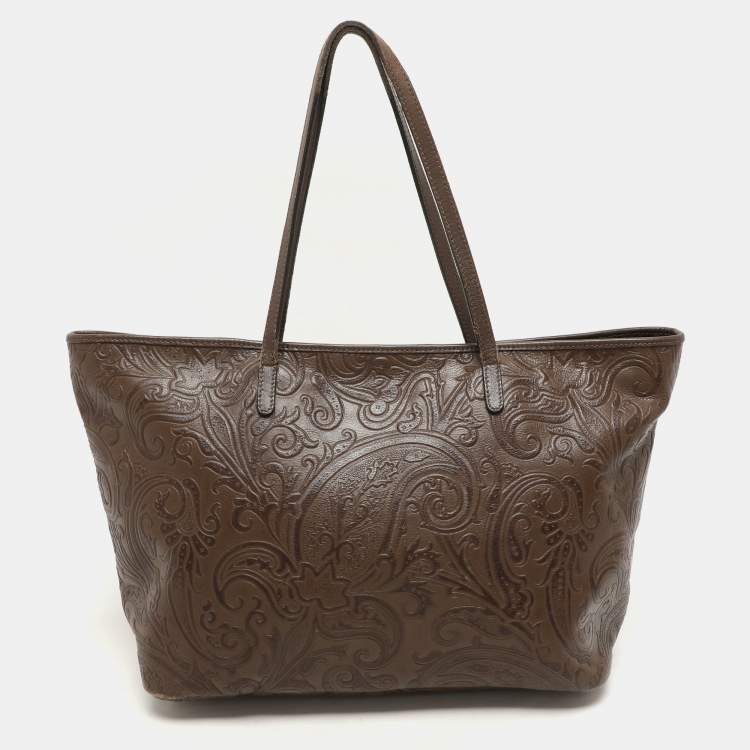 Pre Owned Etro Brown Paisley Embossed Leather Tote
