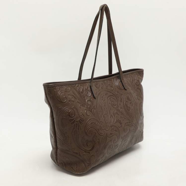 Pre Owned Etro Brown Paisley Embossed Leather Tote