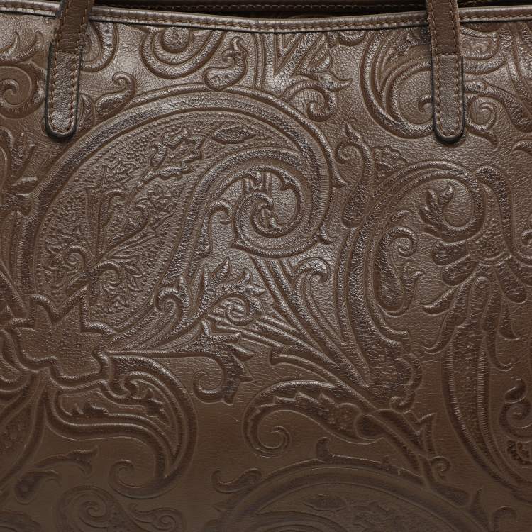Pre Owned Etro Brown Paisley Embossed Leather Tote