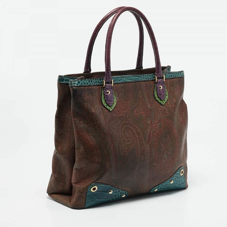 Pre Owned Etro Multicolor Paisley Print Coated Canvas and Croc Embossed Leather Tote