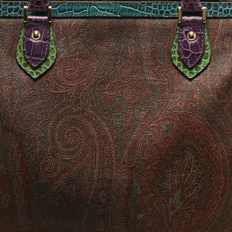 Pre Owned Etro Multicolor Paisley Print Coated Canvas and Croc Embossed Leather Tote