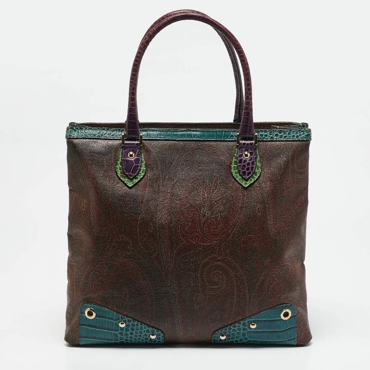 Pre Owned Etro Multicolor Paisley Print Coated Canvas and Croc Embossed Leather Tote