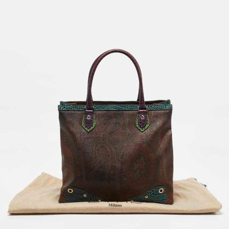 Pre Owned Etro Multicolor Paisley Print Coated Canvas and Croc Embossed Leather Tote