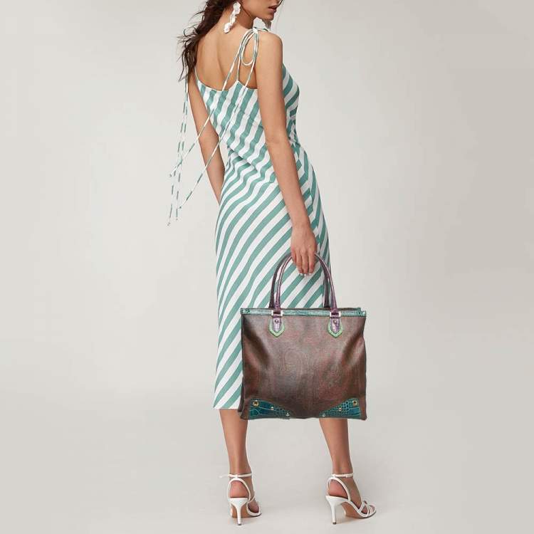 Pre Owned Etro Multicolor Paisley Print Coated Canvas and Croc Embossed Leather Tote