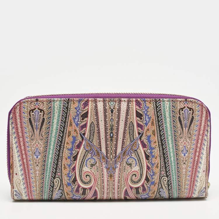 Pre Owned Etro Purple Printed Coated Canvas Zip Around Wallet