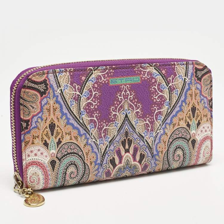 Pre Owned Etro Purple Printed Coated Canvas Zip Around Wallet